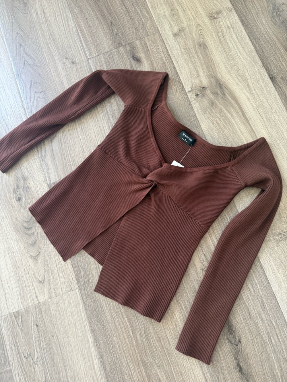 Workshop Twist Front Ribbed Long Sleeve Top - Brown